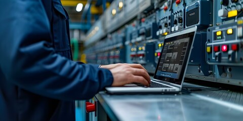Engineer with laptop operates a programmable logic controller controlling a full automation system. Concept Engineering, Automation, Programmable Logic Controller (PLC), Full System Control