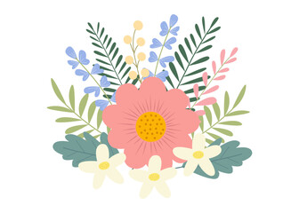 Beautiful spring or summer bouquet on a white background. Cute hand drawn flat vector flowers, leaves, berries. Vector illustration for card, banner, poster, wedding invitation. Floral spring poster.