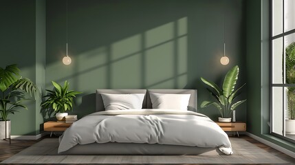 Modern interior of bedroom with green wall