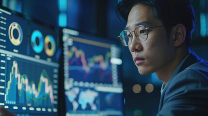 Asian businessman looking at computer screen doing analysis using BI tools