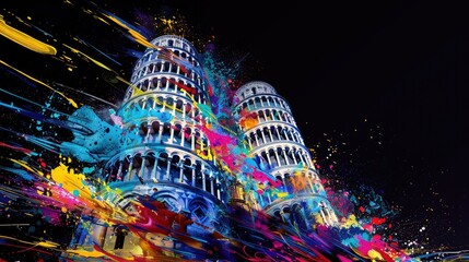 Notable building  Tower of Pisa with colorful paint splash techniq, isolated on black backgound Generative AI