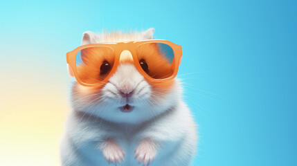 hamster in sunglasses on bright blue background.  - obrazy, fototapety, plakaty