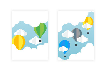 Colorful banners with Air Balloons on sky and cloud. Paper art.