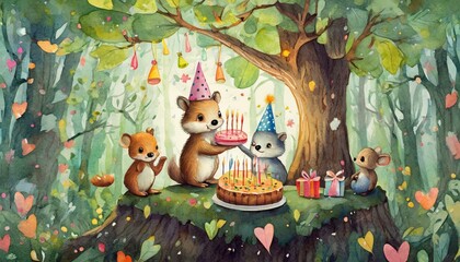 Mouse group celebrating birthday on tree