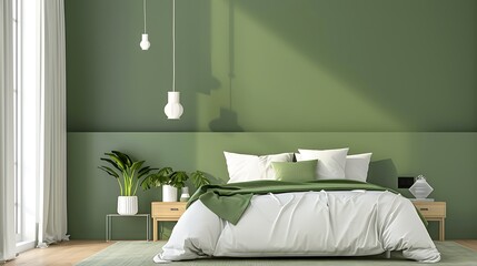 Modern interior of bedroom with green wall
