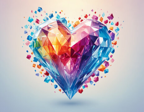 Abstract multicolored heart in the form of a gemstone on a light pink and blue background