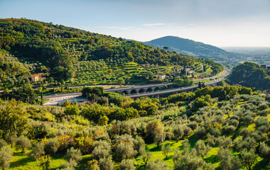 Tuscany, Italy beautiful panoramic landscape with italian motorway, Italy.  - 755082519