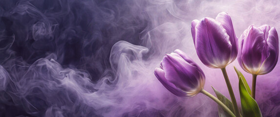 Tulips, purple flowers. Copy space