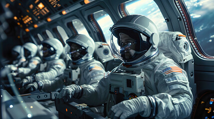 Fototapeta premium Team of astronauts in a space suits aboard the orbital station. A crew of cosmonauts piloting the spaceship. People in space. Galactic travel and science concept.