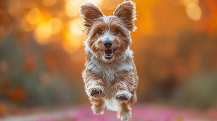 dog jumping up in the air on the pastel background