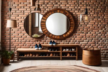 interior of a room, Step into a cozy hallway interior with a captivating image featuring a big round mirror and shoe storage bench near a brick wall