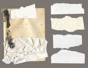 Torn paper pieces set. Light beige shapes with jagged uneven edges. Ripped different paper fragments collection. Textured grunge element bundle for collage, text box, banner, sticker, poster.