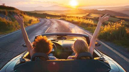 Happy young girlfriends driving convertible car on the road with arms up having fun