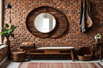 room with table, Step into a cozy hallway interior with a captivating image featuring a big round mirror and shoe storage bench near a brick wall