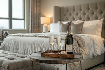 A bottle of champagne and two glasses of wine are placed on a table in a hotel room