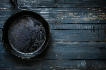 Empty cast iron skillet resting on a rustic wooden table, ready for cooking or display