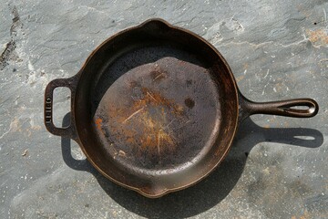 An empty cast iron skillet resting on a gray stone surface, offering a simple and rustic composition