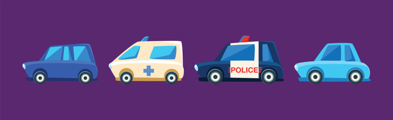 City Transport and Urban Traffic on Purple Background Vector Set