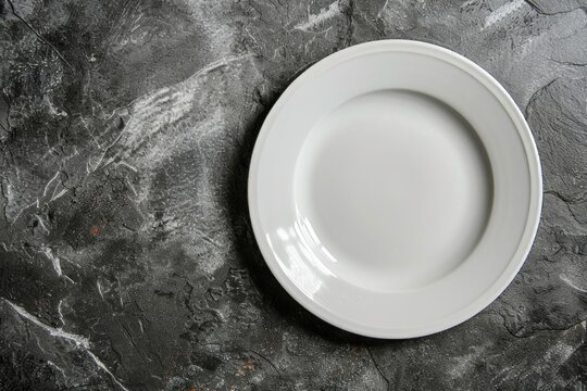 A white porcelain plate rests on a sleek black table surface, creating a striking contrast