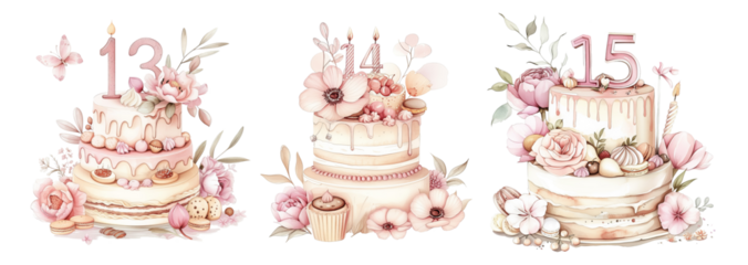 Delicate  Birthday Cake with Floral Elements and Number 13 14 and 15
