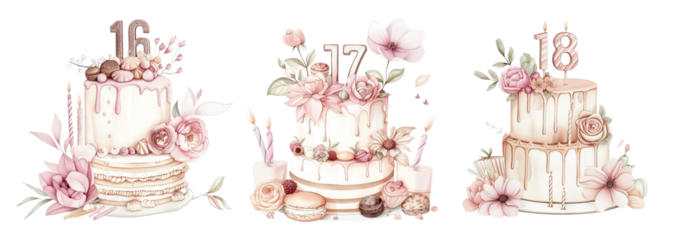 Hand-painted watercolor sweet sixteen seventeen and eighteen cake