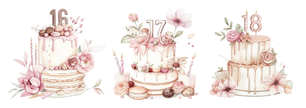 Hand-painted watercolor sweet sixteen seventeen and eighteen cake