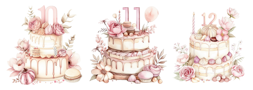 Charming Birthday Cake with Number Ten Eleven and Twelve in Art