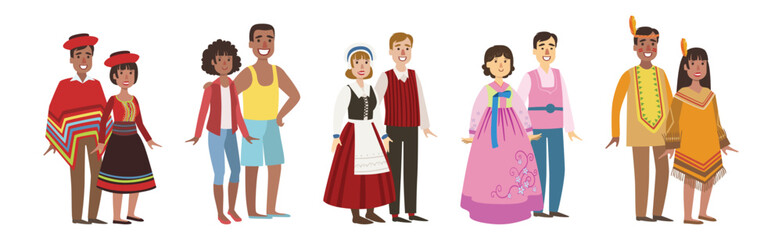 Man and Woman Couples in Folk Costume Vector Set