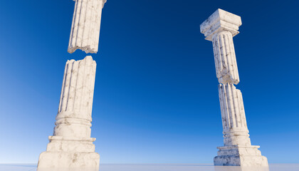 Fototapeta na wymiar Roman columns on blue sky - 3d render. Ancient marble pillars in a row. Colonnade with daric columns. Public building. Ancient greek temple. 3d rendering. Pedestal for cosmetic product and packaging 