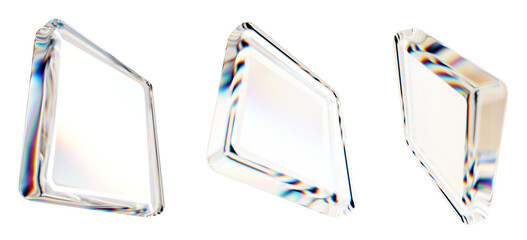 Set of 3d transparent glossy stone with dispersion effect. Rainbow colors reflection glass. 3d glass box with crystal dispersion effect. Abstract empty glassy square with prism holographic