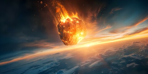 Awe-Inspiring Picture of a Gigantic Fiery Asteroid Approaching Earth's Atmosphere. Concept Astrophotography, Space Exploration, Cosmic Phenomenon, Apocalyptic Scenario,  Scientific Discovery