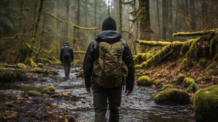 A man wearing a backpack walks through a dense forest