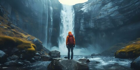 Mesmerizing Waterfall Views: Hiker in Awe of Towering Natural Beauty. Concept Waterfall Photography, Hiking Adventure, Nature Appreciation, Scenic Landscapes, Outdoor Exploration
