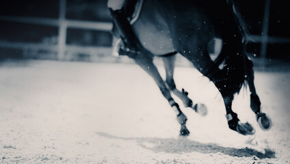 A blurred black and white photo of a horse galloping fast on the track. Horse racing and equestrian...