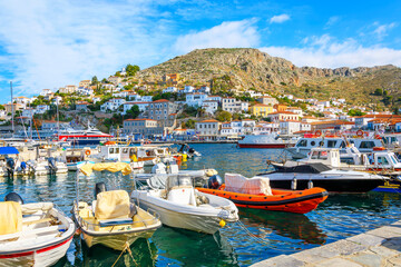 Fototapeta na wymiar The harbor and port at the Greek island waterfront village of Hydra, one of the Saronic islands of Greece. 