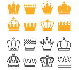 Black royalty crown isolated icons set. Vector flat graphic design illustration