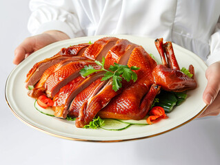 Hands holding a plate with Peking Duck realistic - obrazy, fototapety, plakaty