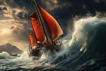 A red sailboat struggles in the midst of a turbulent ocean during a storm