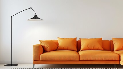 Modern living room with white wall orange couch and floor lamp