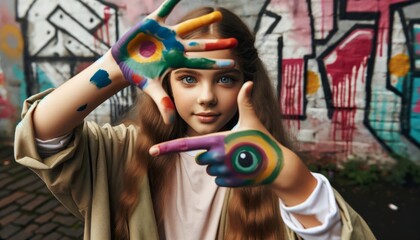 A young girl frames her eye with paint-covered hands against a graffiti wall, showing creativity...