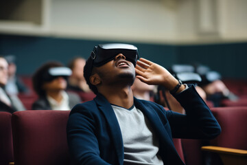 university student in a lecture theatre wearing a vr headset