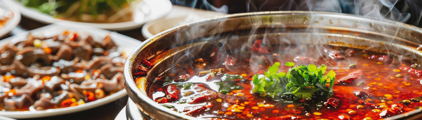 Authentic Sichuan Hot Pot in a Traditional Chinese Eatery Wide Angle