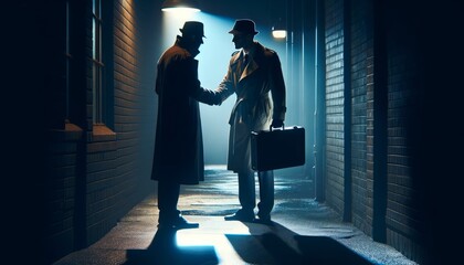 A noir-themed photo capturing corporate espionage with a shadowy figure in a trench coat discreetly exchanging information, embodying mystery and tension