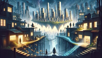 A magical realism illustration depicts a city with rich living on floating islands and the poor below, highlighting stark wealth inequality