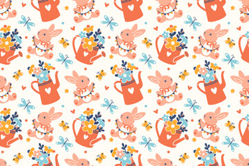 Bright vector seamless wallpaper with watering pot, cute pink rabbit and bouquets of flowers. Funny holiday background. Spring gardening pattern. Adorable baby fabric.