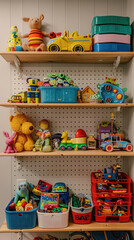 Obraz na płótnie Canvas Shelf with many colorful toys in child room