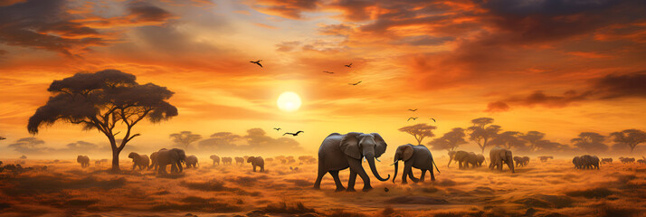Fototapeta na wymiar Dramatic Sunset Over The Serene Plains, Showcasing The Vibrant Wildlife of Africa