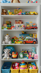 Shelf with many colorful toys in child room