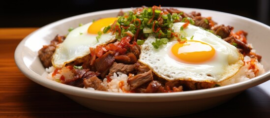 A dish of fried eggs, meat, and rice served on a rustic wooden table. The meal features eggs as the main ingredient and showcases a delicious breakfast cuisine