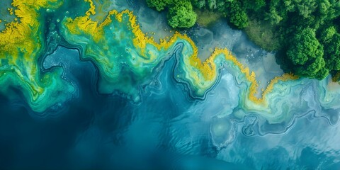 Spectacular aerial shot captures vibrant fluid algae bloom in aqueous canvas. Concept Aerial Photography, Algae Bloom, Vibrant Colors, Aqueous Environment, Nature Photography